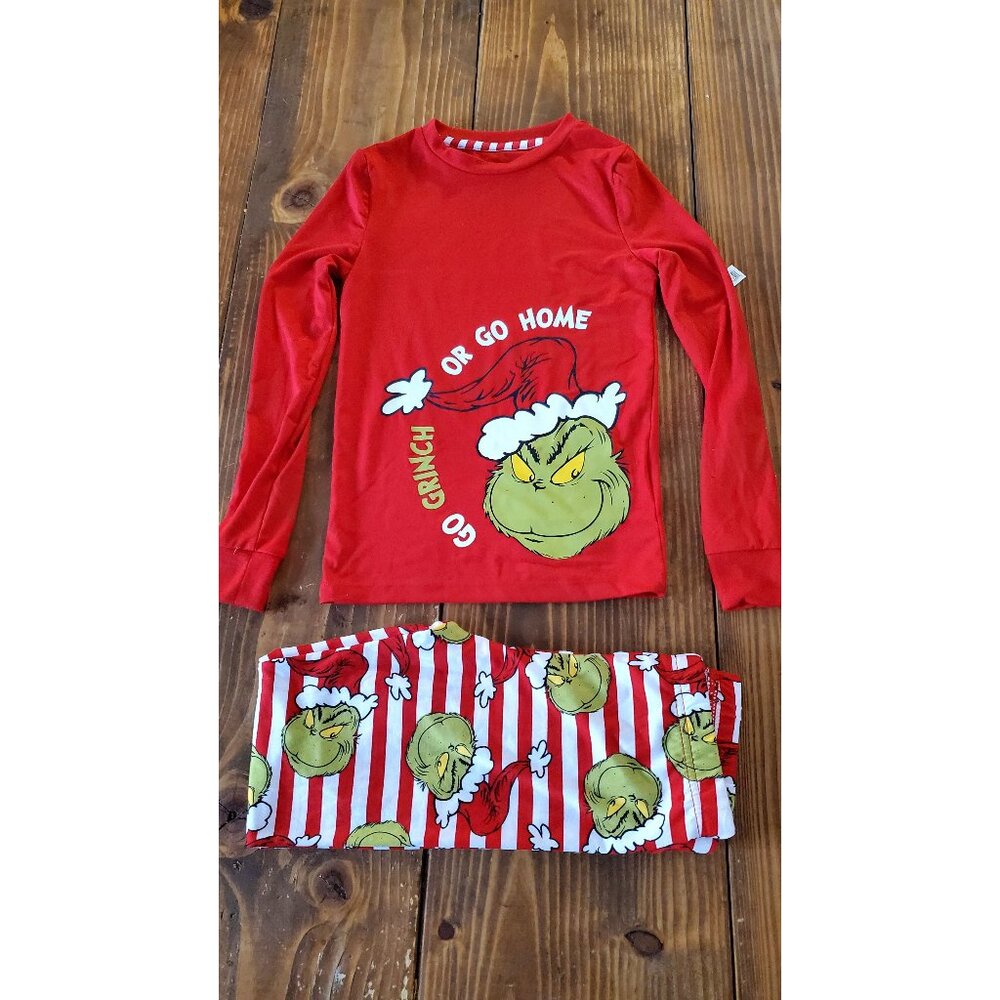 Dr. Seuss Go Grinch Or Go Home Kids PJ Set Long Sleeve Red Striped Pants Size 10